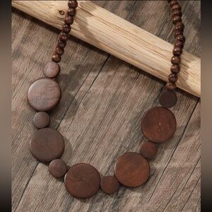 Bohemian Faux Wood Brown Round Beaded Pendant Stretch Necklace & Earrings Set
